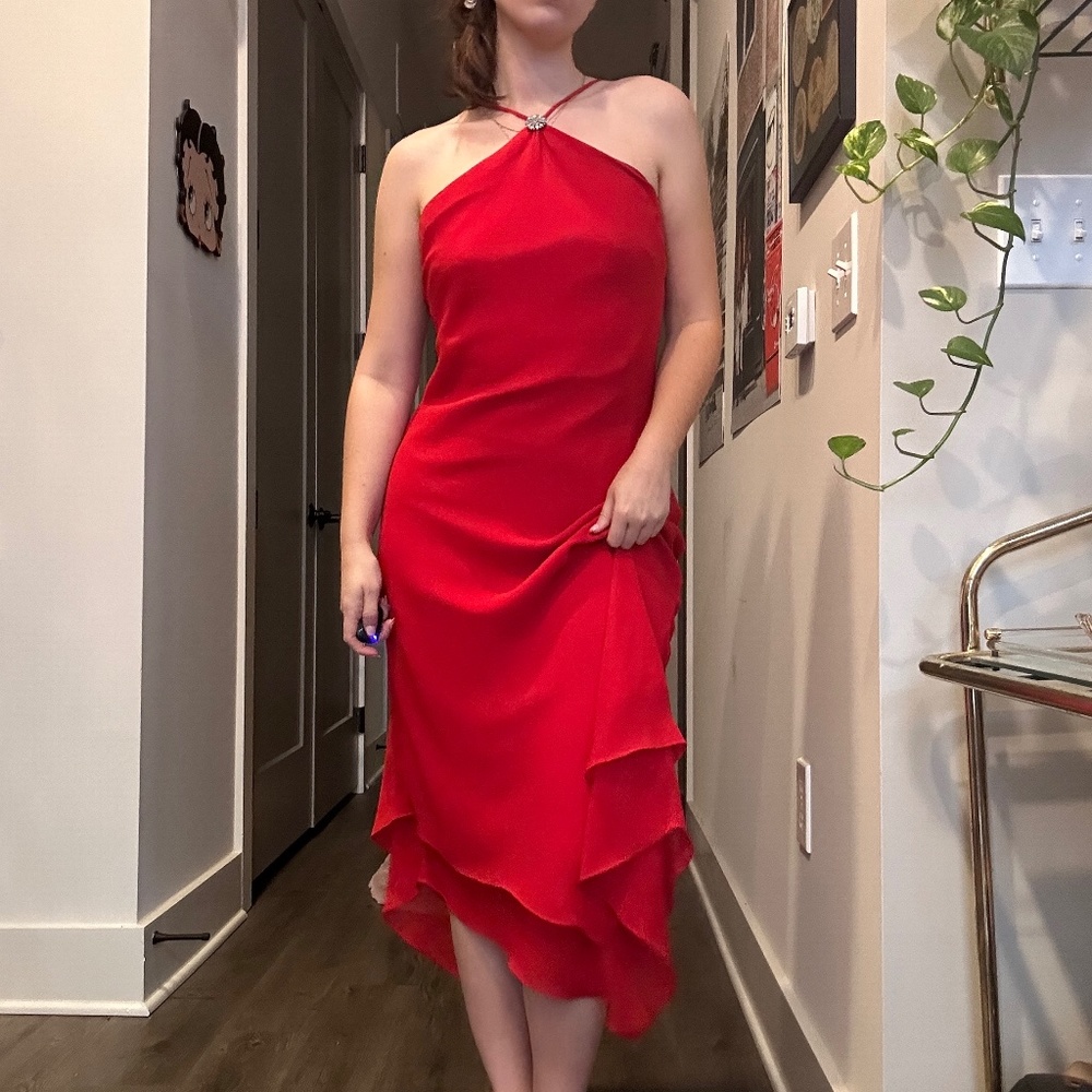 💜 Y2k Red Asymmetrical Halter Dress 💜 Size 6 / S